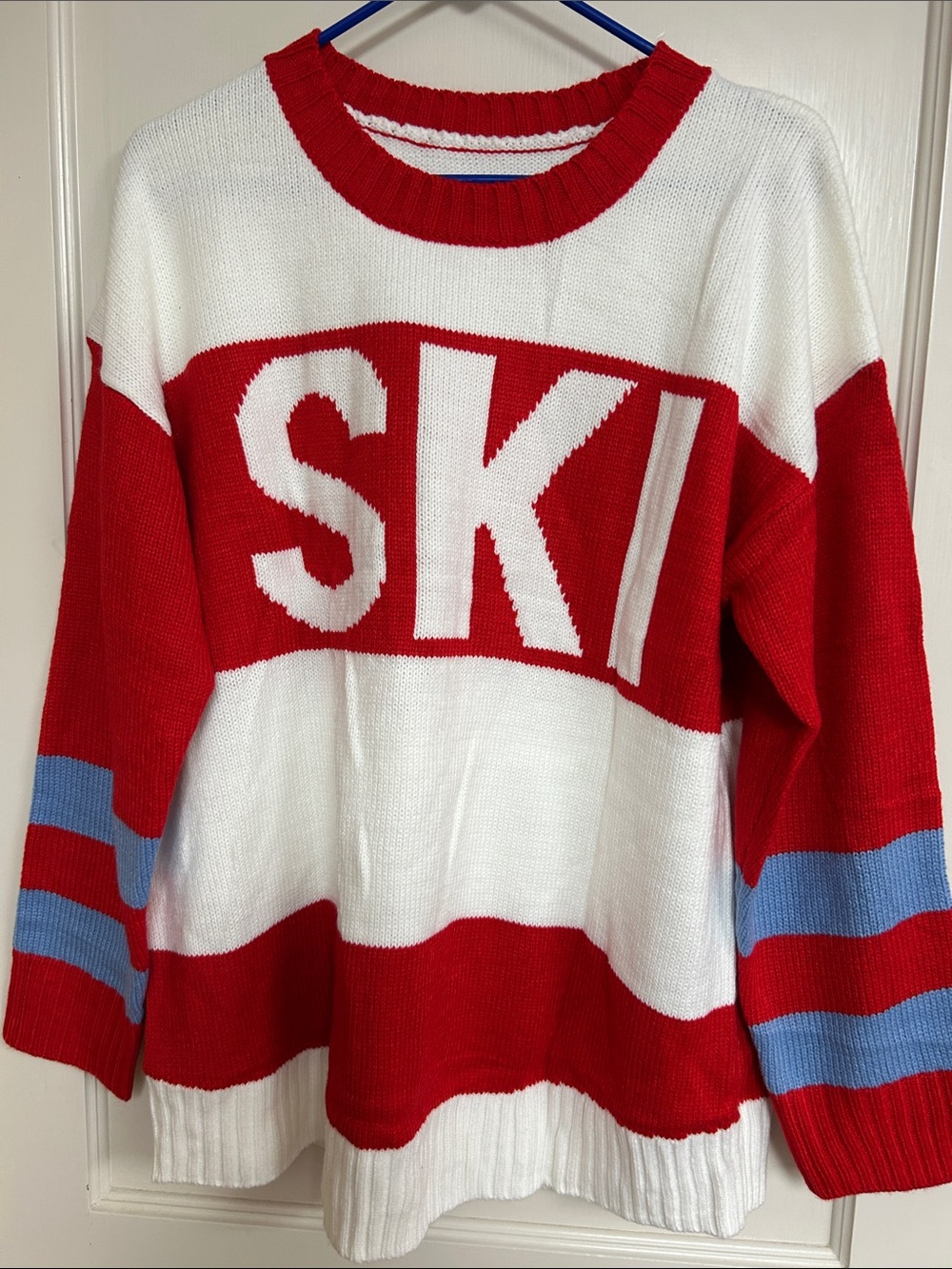 Women's Red and White 'SKI' Crewneck Sweater